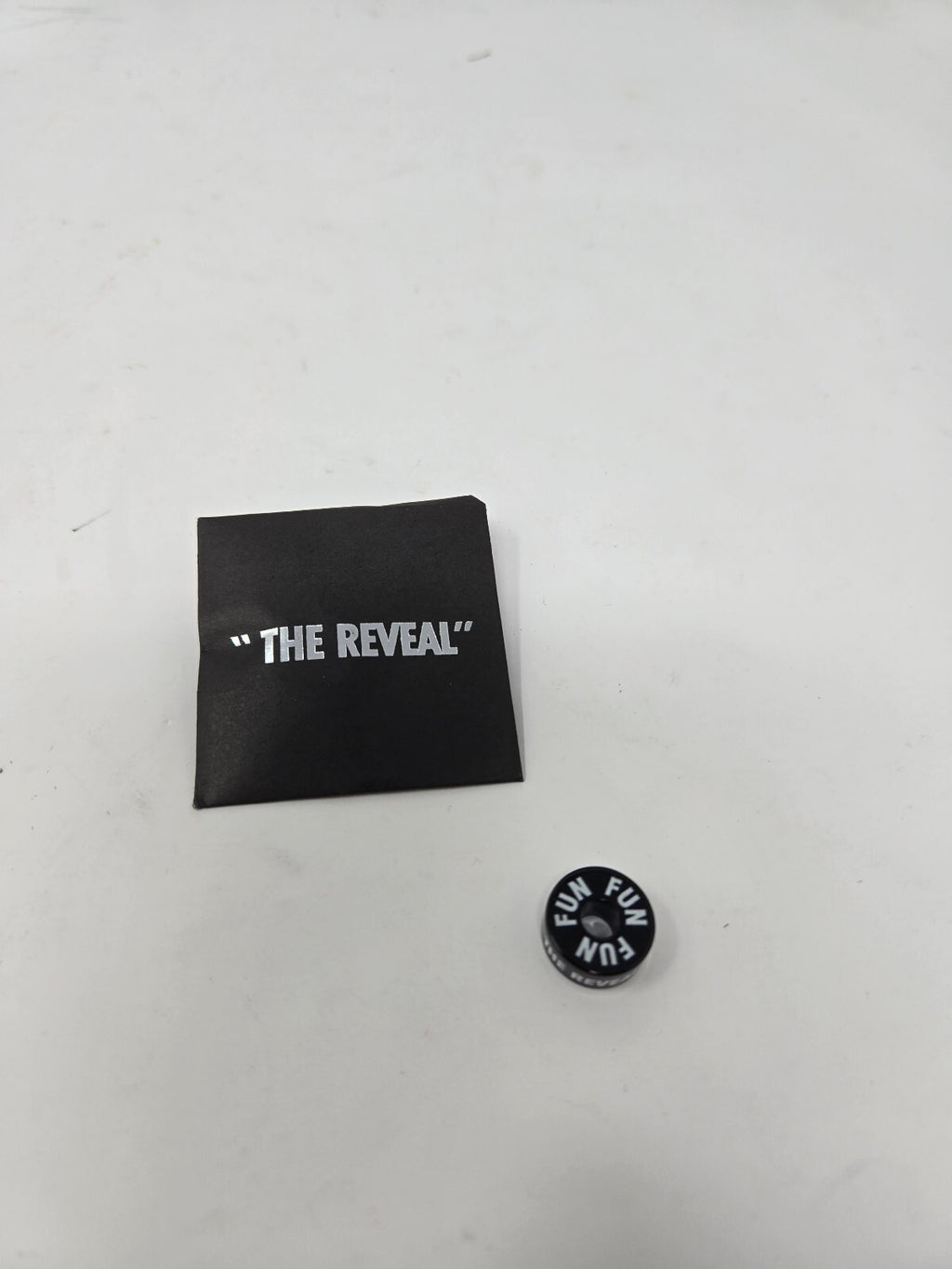 Fun Brand Black Button Pin with 'FUN' Text and 'The Reveal' Sleeve