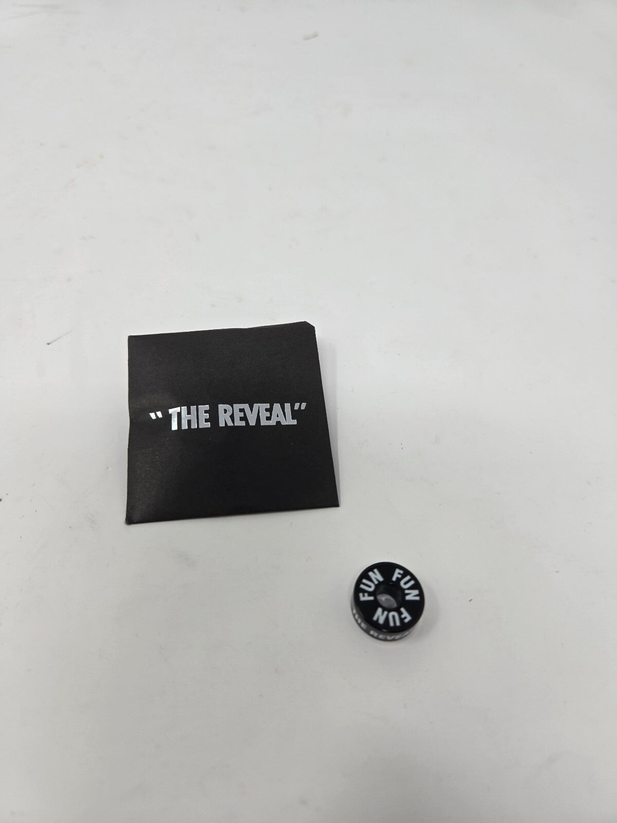 Fun Brand Black Button Pin with 'FUN' Text and 'The Reveal' Sleeve