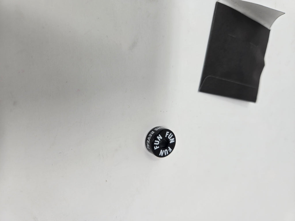 Fun Brand Black Button Pin with 'FUN' Text and 'The Reveal' Sleeve