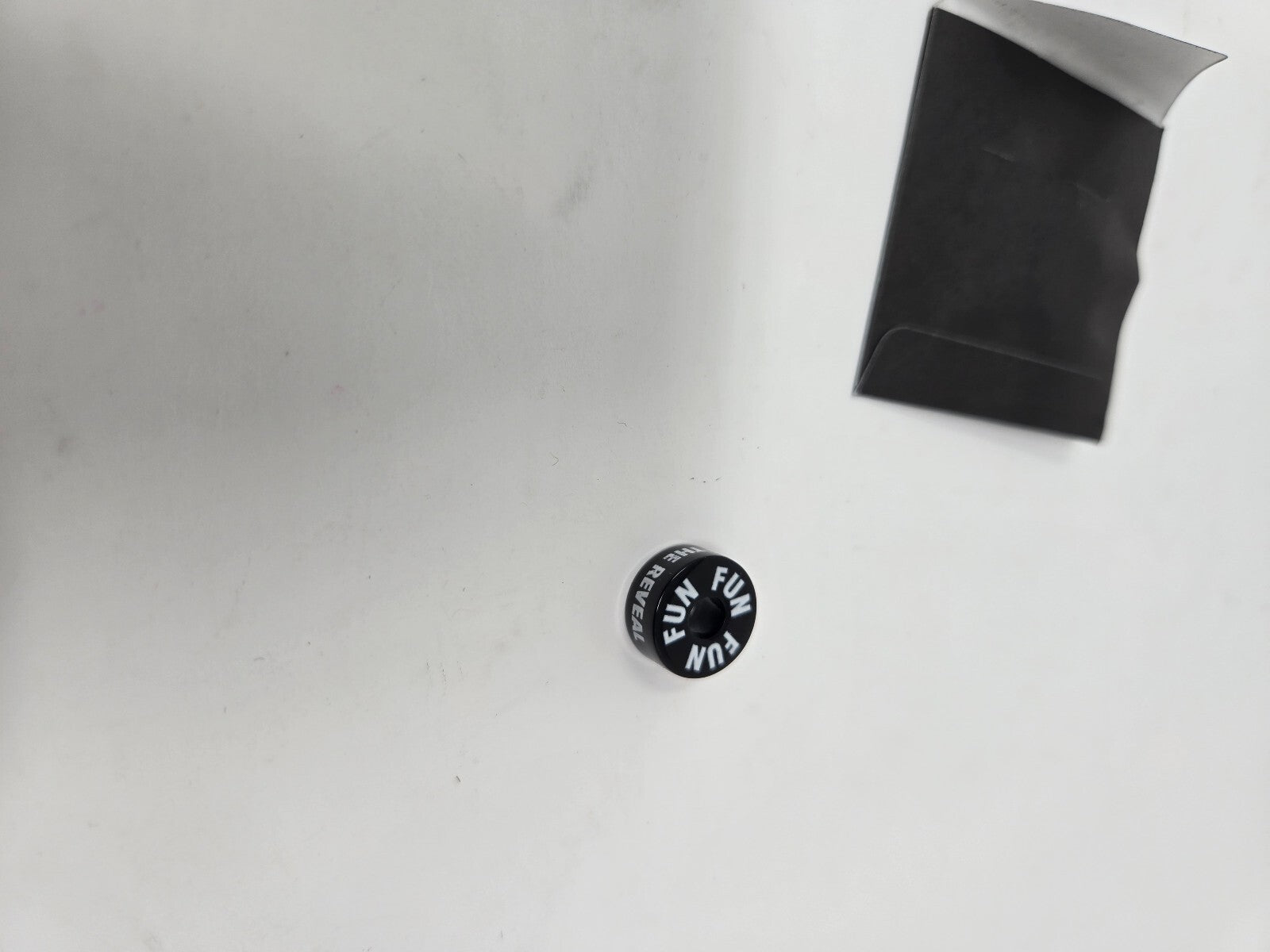 Fun Brand Black Button Pin with 'FUN' Text and 'The Reveal' Sleeve