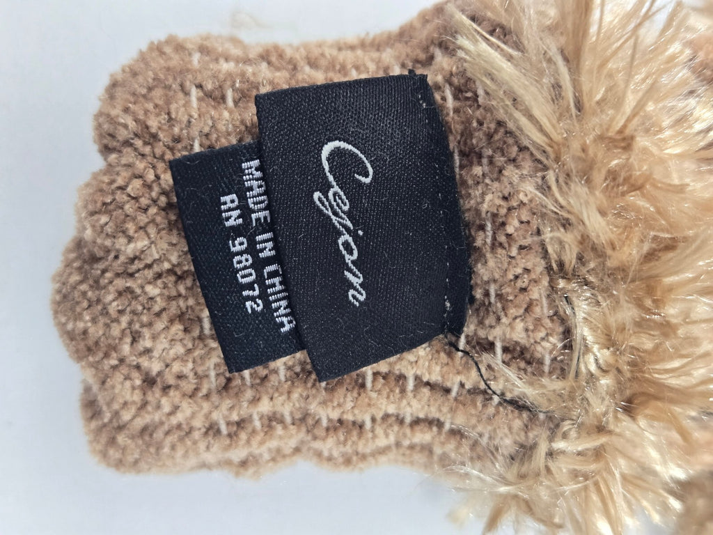 Cejon Taupe Brown Knit Gloves Faux Fur Eyelash Trim Cuffs Soft Rayon Blend OSFM