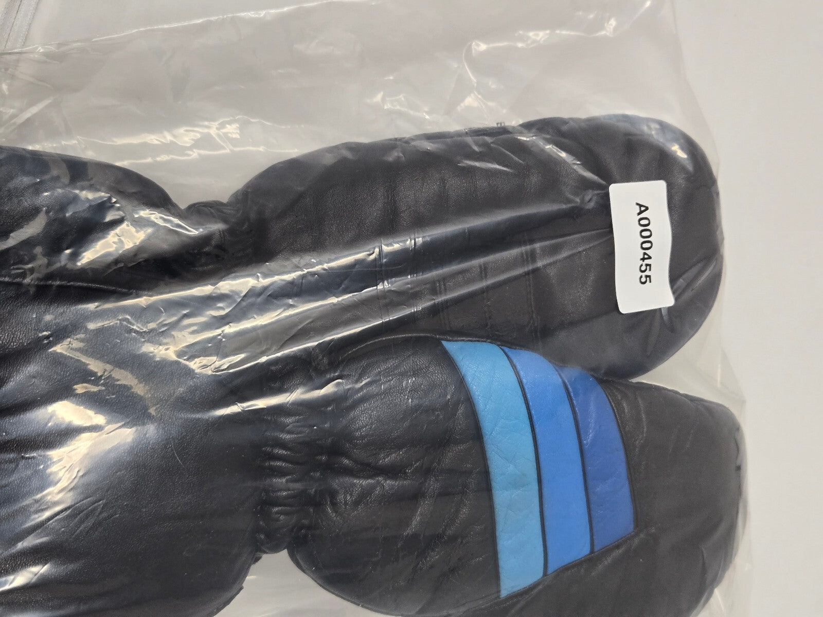 Vintage Kombi Black Leather Ski Mittens Retro Blue Stripes Women's Large