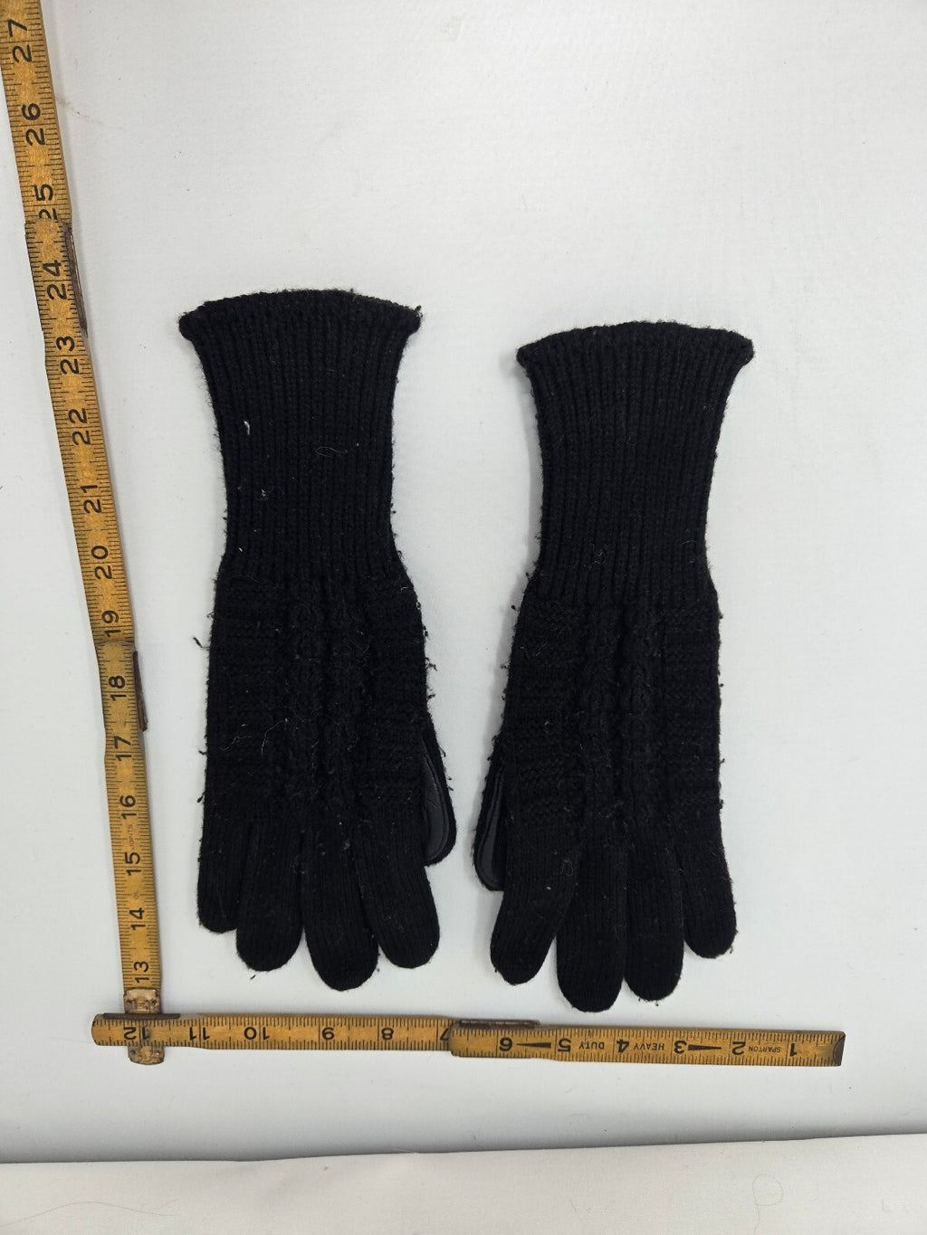 Vintage Aris Black Knit Gloves Leather Palm Driving Long Ribbed Cuff OSFM
