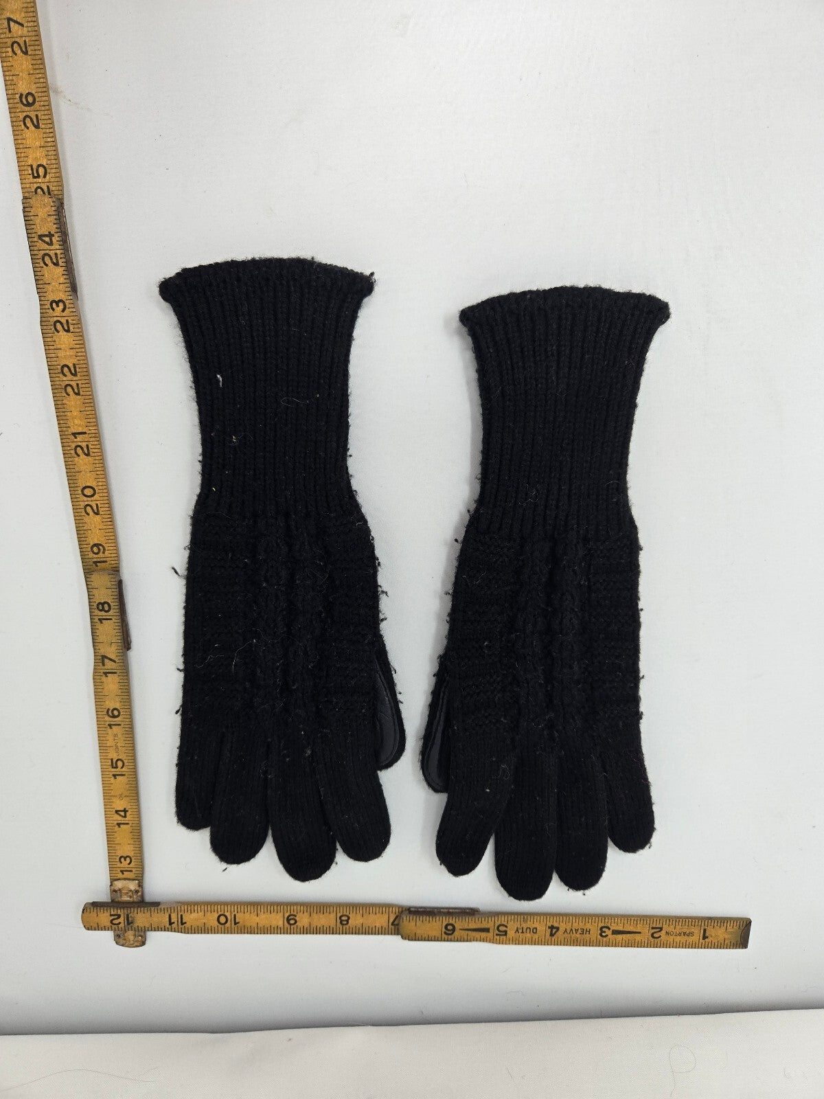 Vintage Aris Black Knit Gloves Leather Palm Driving Long Ribbed Cuff OSFM