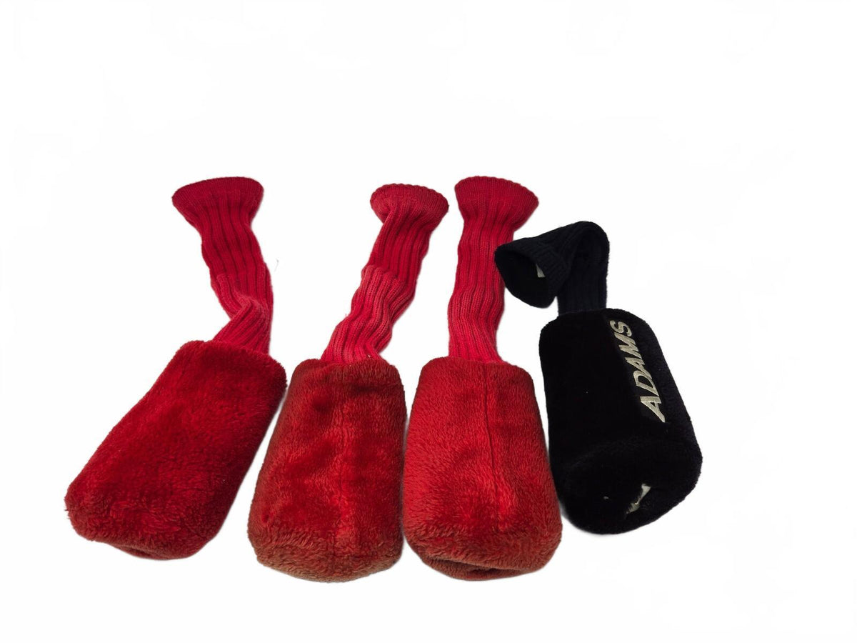 Mixed Lot of 4 Golf Club Headcovers - 3 Vintage Red Fuzzy Pom-Pom Socks & 1 Adam