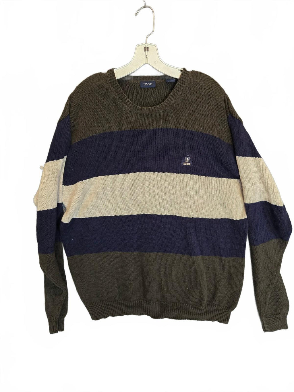 Vintage Izod 1990s Men's Cotton Grandpa Sweater Olive Green Navy Tan Medium