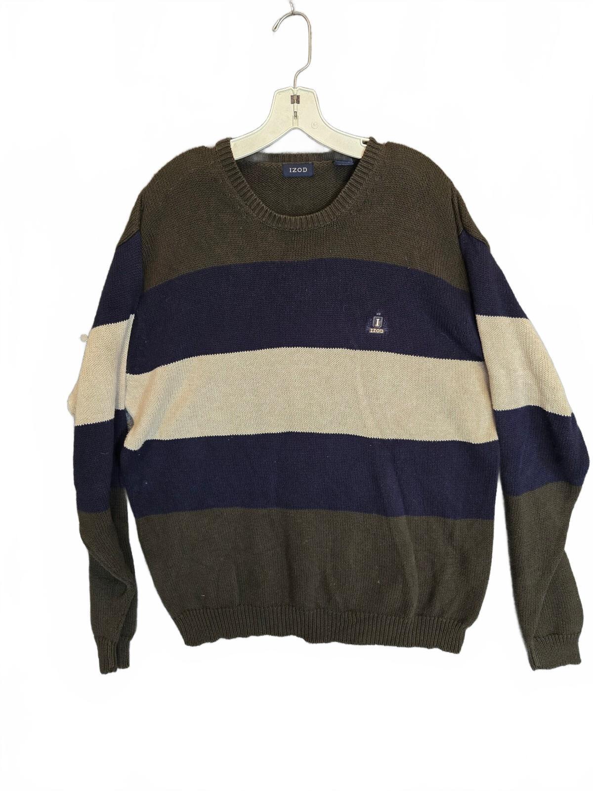 Vintage Izod 1990s Men's Cotton Grandpa Sweater Olive Green Navy Tan Medium