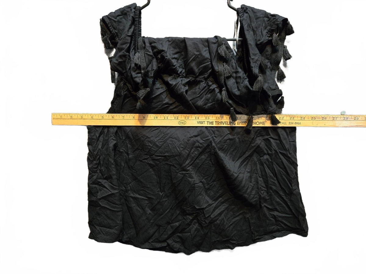 a.n.a Black Boho Ruffle Overlay Flutter Sleeve Blouse Top Tassel Trim XL