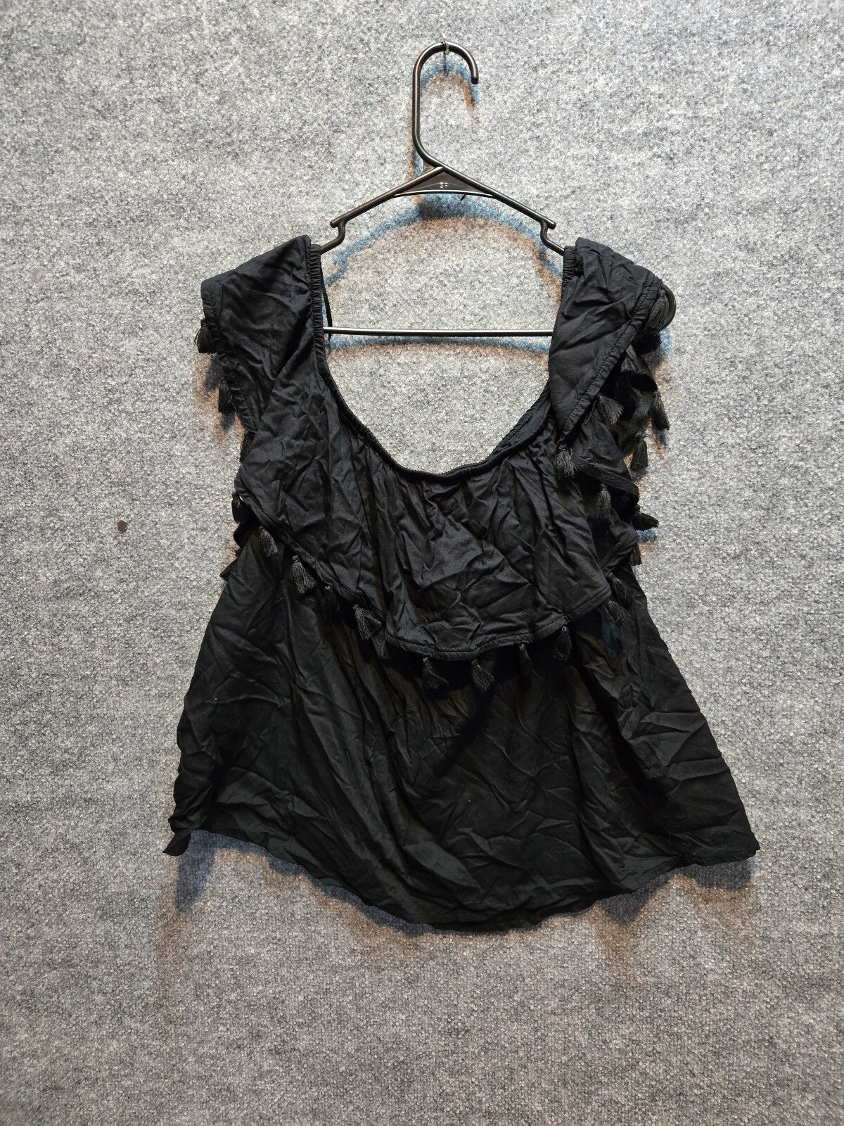 a.n.a Black Boho Ruffle Overlay Flutter Sleeve Blouse Top Tassel Trim XL