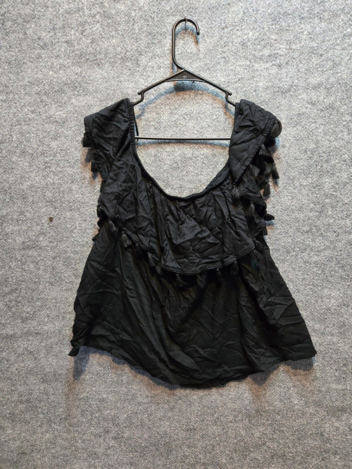 a.n.a Black Boho Ruffle Overlay Flutter Sleeve Blouse Top Tassel Trim XL