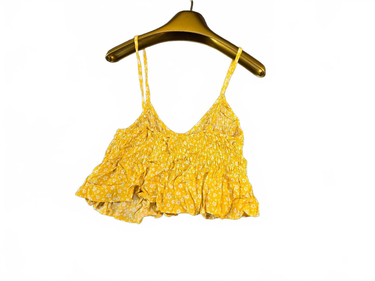 Yellow Floral Smocked Crop Top with Ruffle Hem