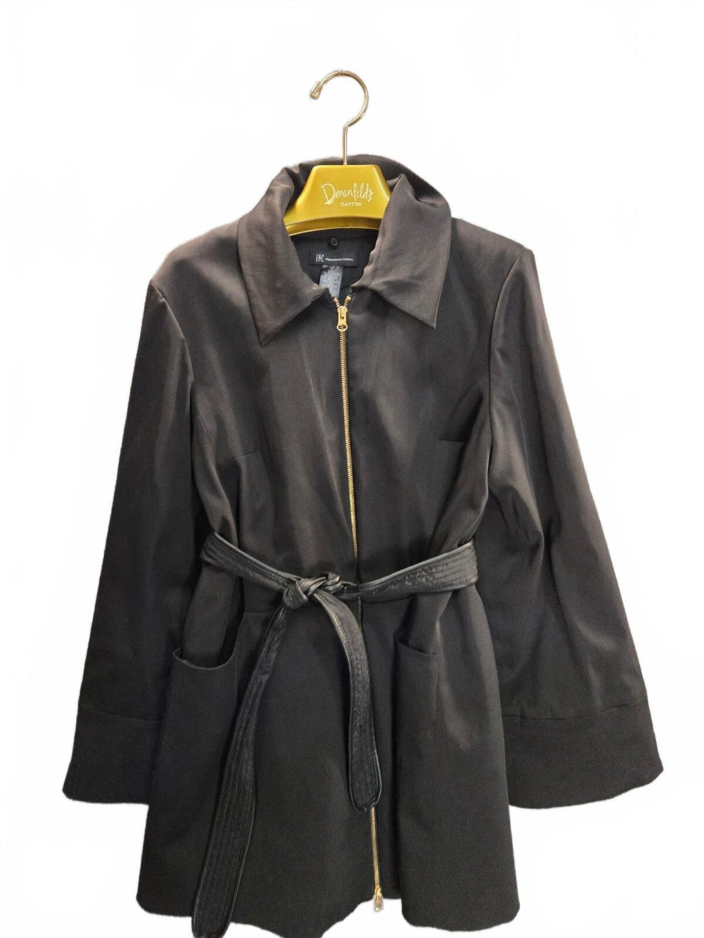 INC International Concepts Black Zip Front Belted Trench Coat Jacket Size L