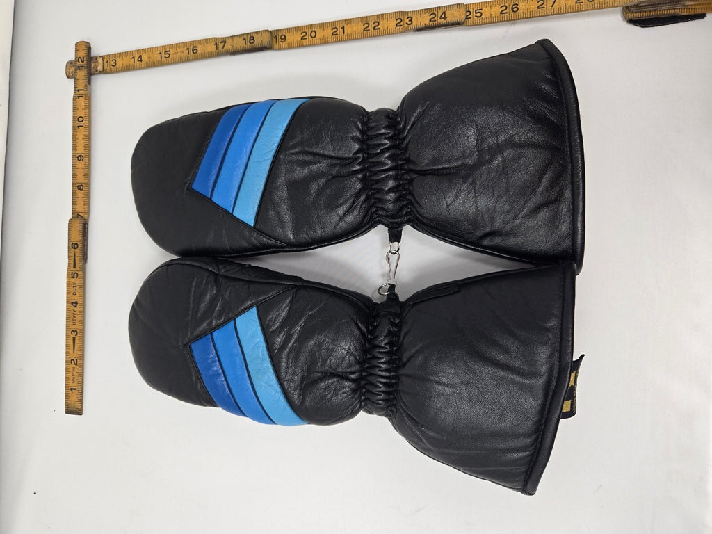 Vintage Kombi Black Leather Ski Mittens Retro Blue Stripes Women's Large