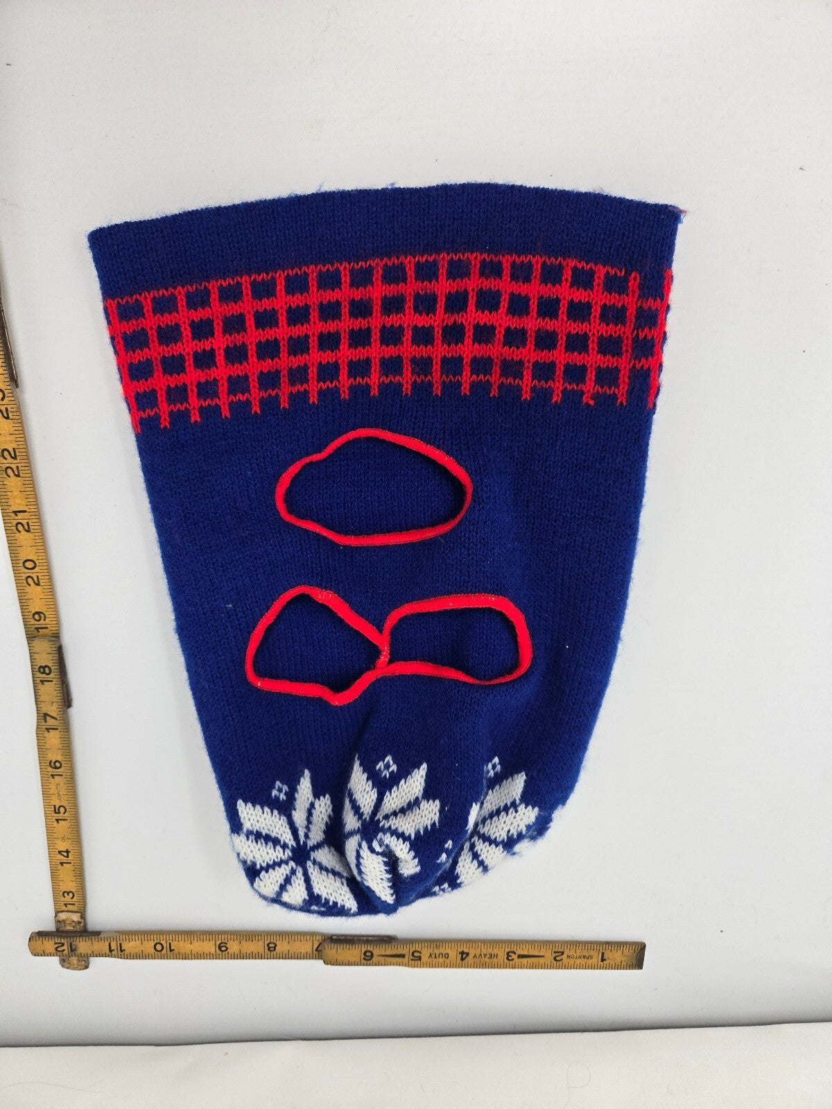 Blue Knit Balaclava with Red and White Snowflake Pattern