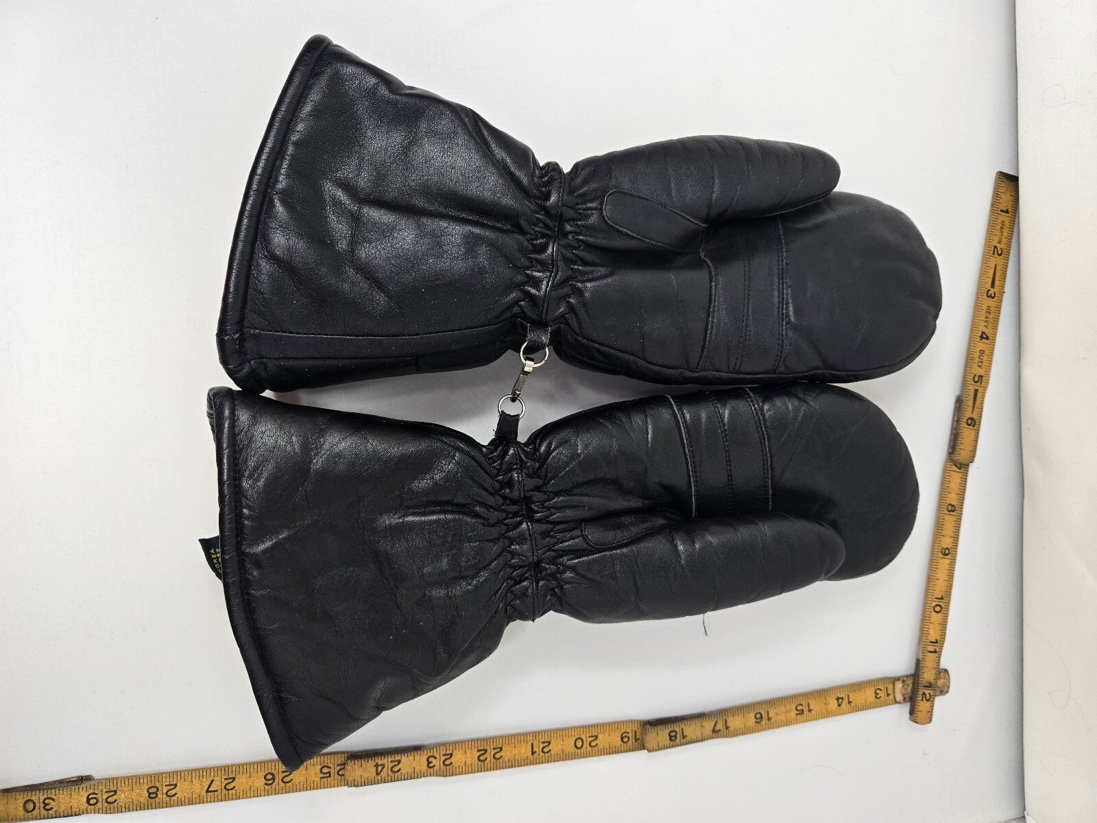 Vintage Kombi Black Leather Ski Mittens Retro Blue Stripes Women's Large