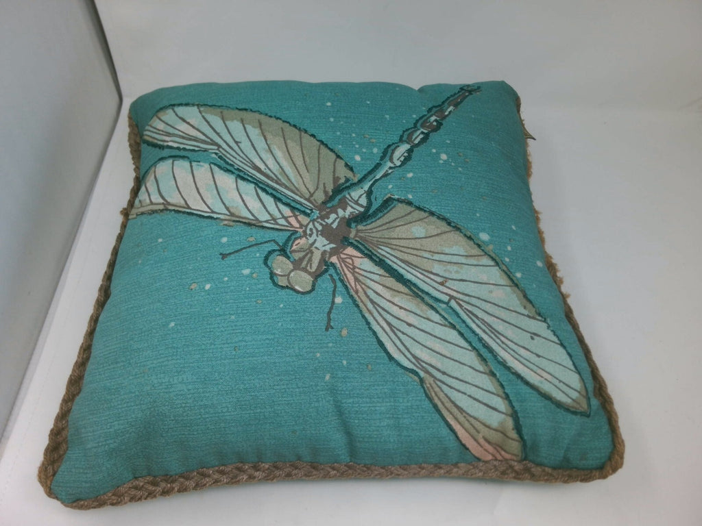 Decorative Dragonfly Accent Pillow with Rope Trim - Teal and Beige