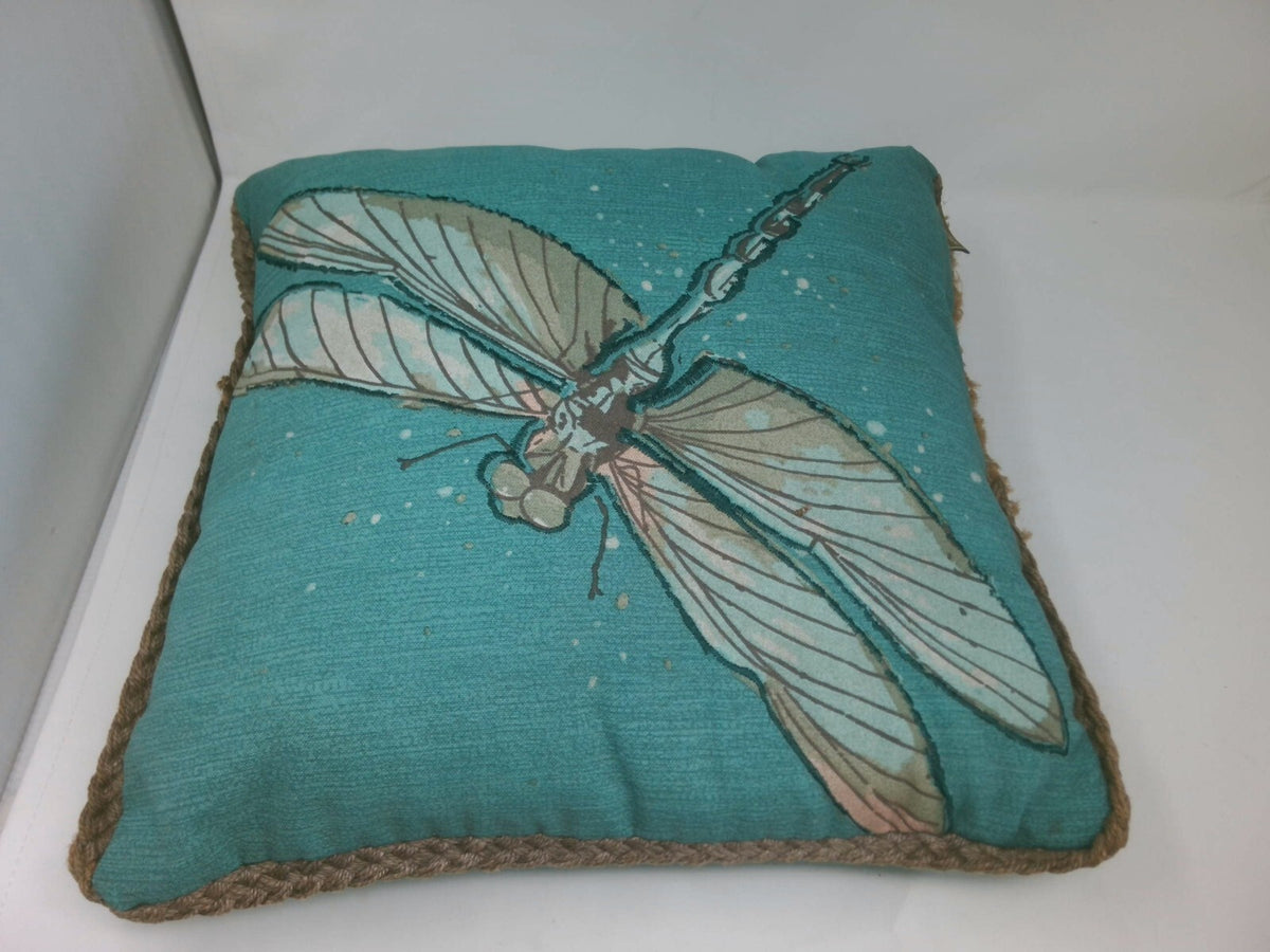 Decorative Dragonfly Accent Pillow with Rope Trim - Teal and Beige