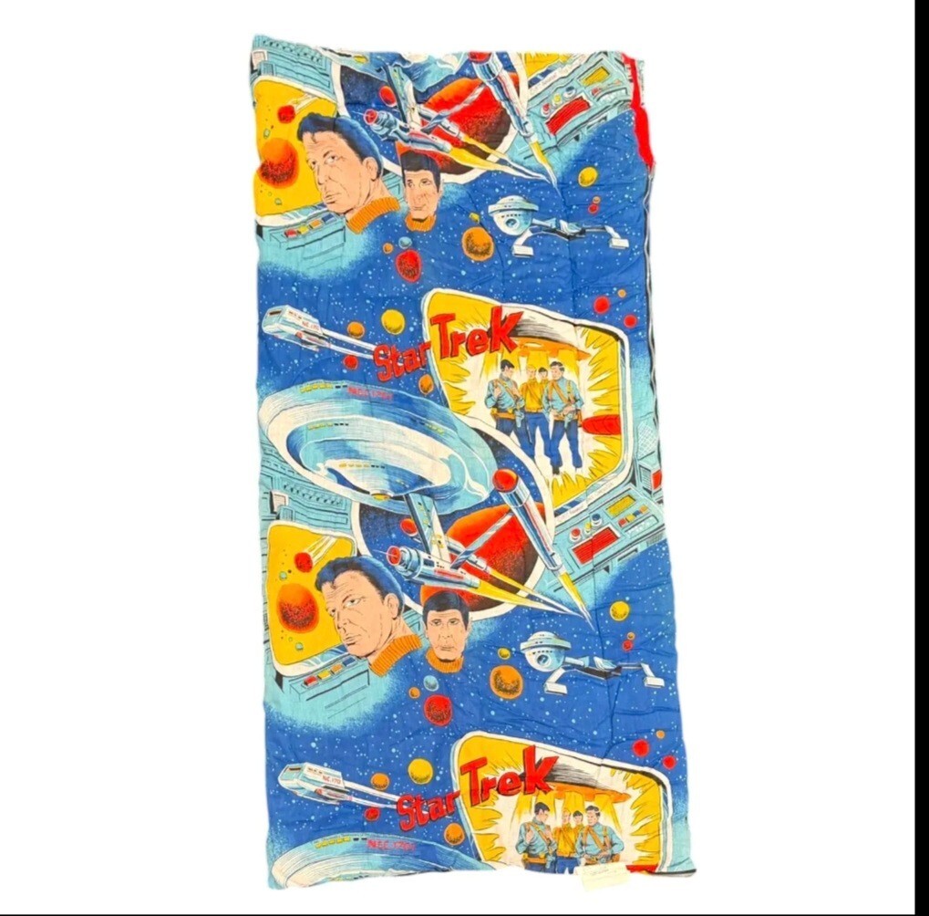 Vintage Star Trek Quilt Sleeping Blanket 34x69 Cotton Acetate Nylon Blend Red