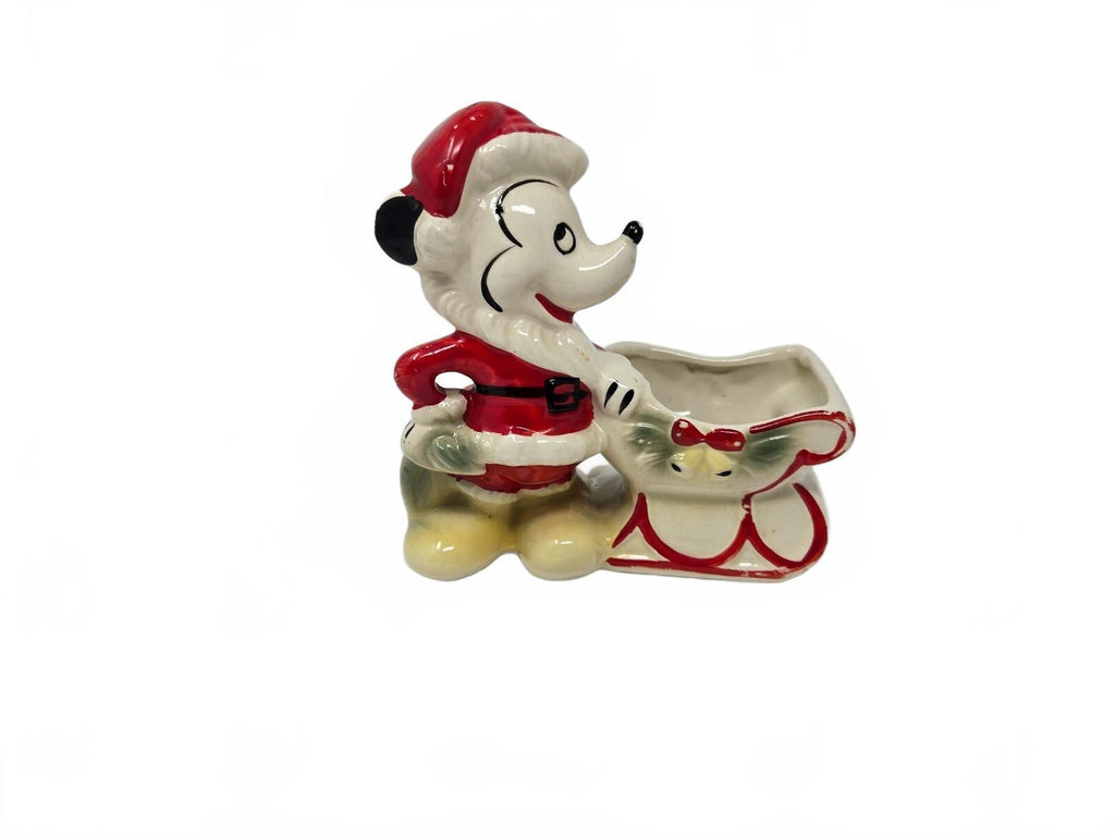 Ceramic Mickey Mouse Santa In Red Suit Riding In A Matching Christmas Sleigh