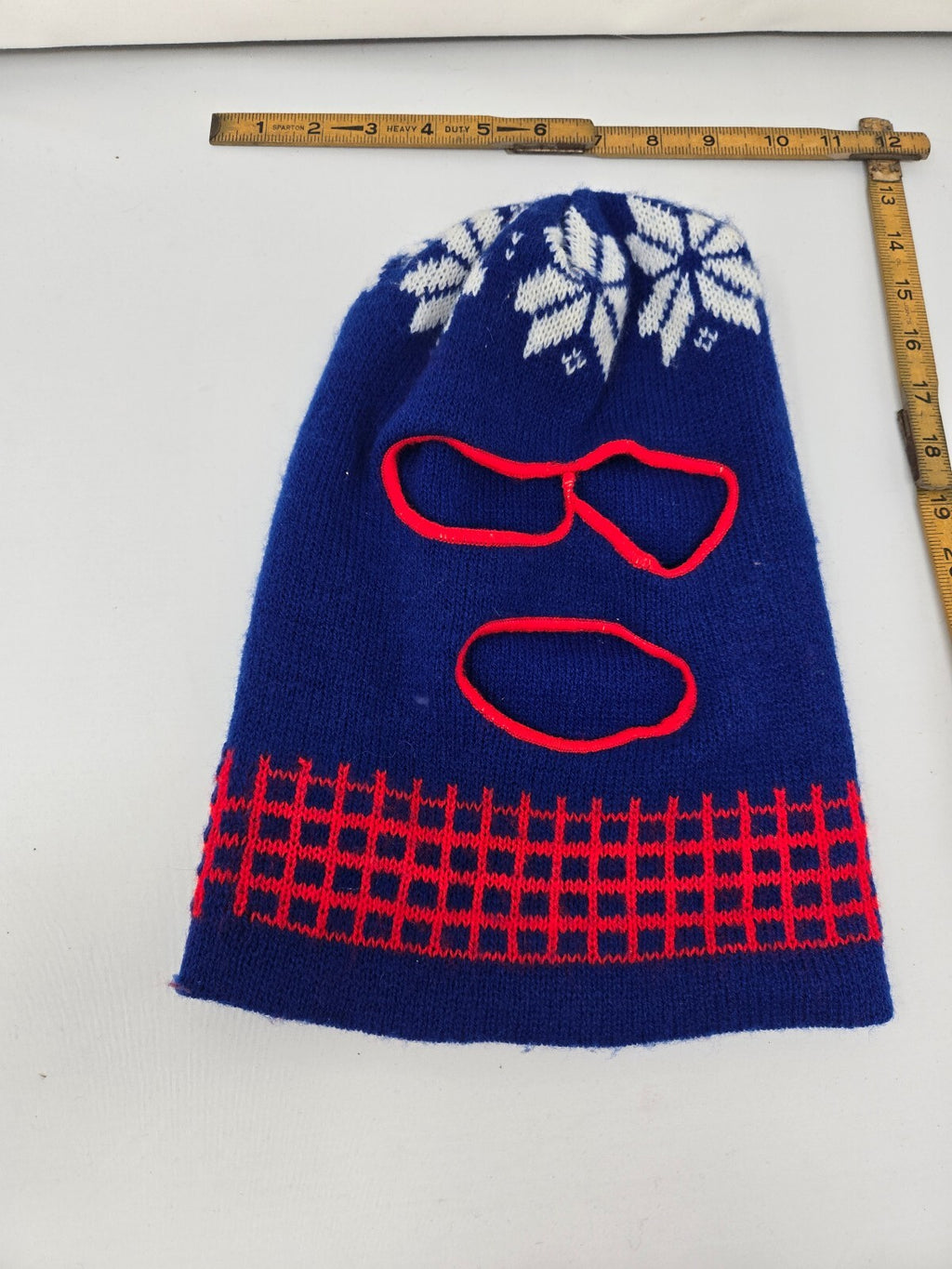Blue Knit Balaclava with Red and White Snowflake Pattern