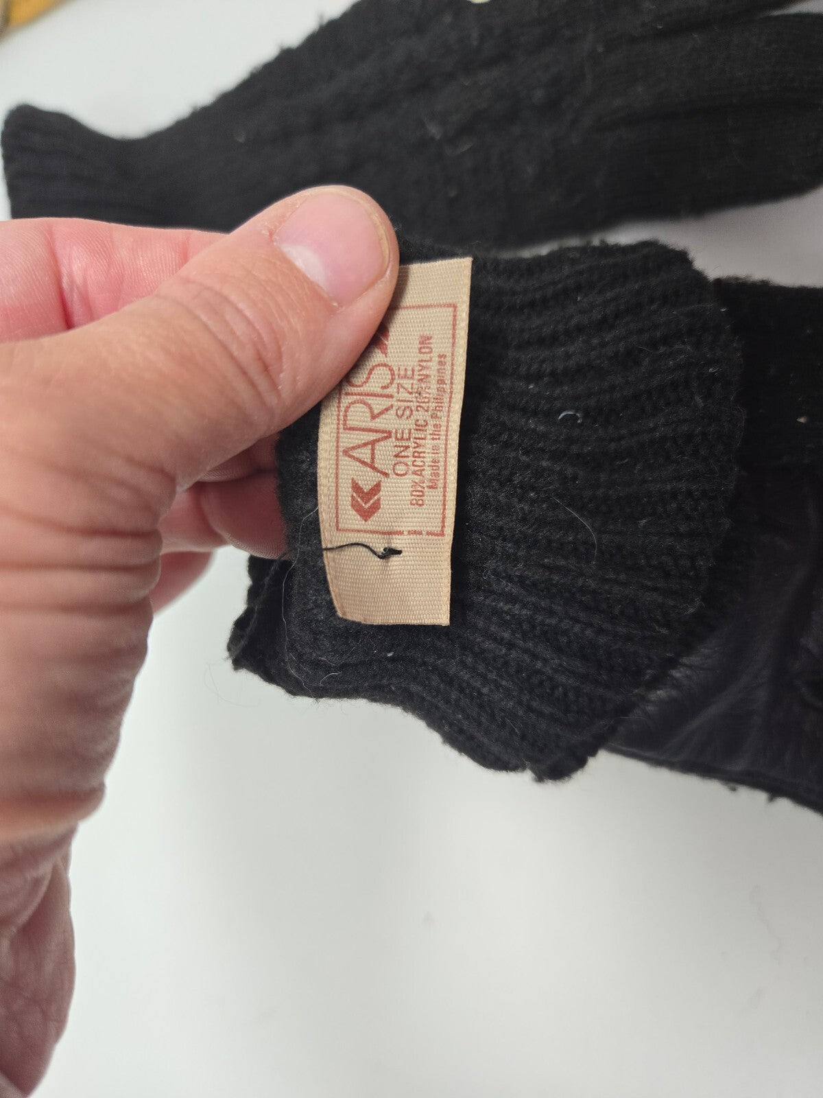Vintage Aris Black Knit Gloves Leather Palm Driving Long Ribbed Cuff OSFM