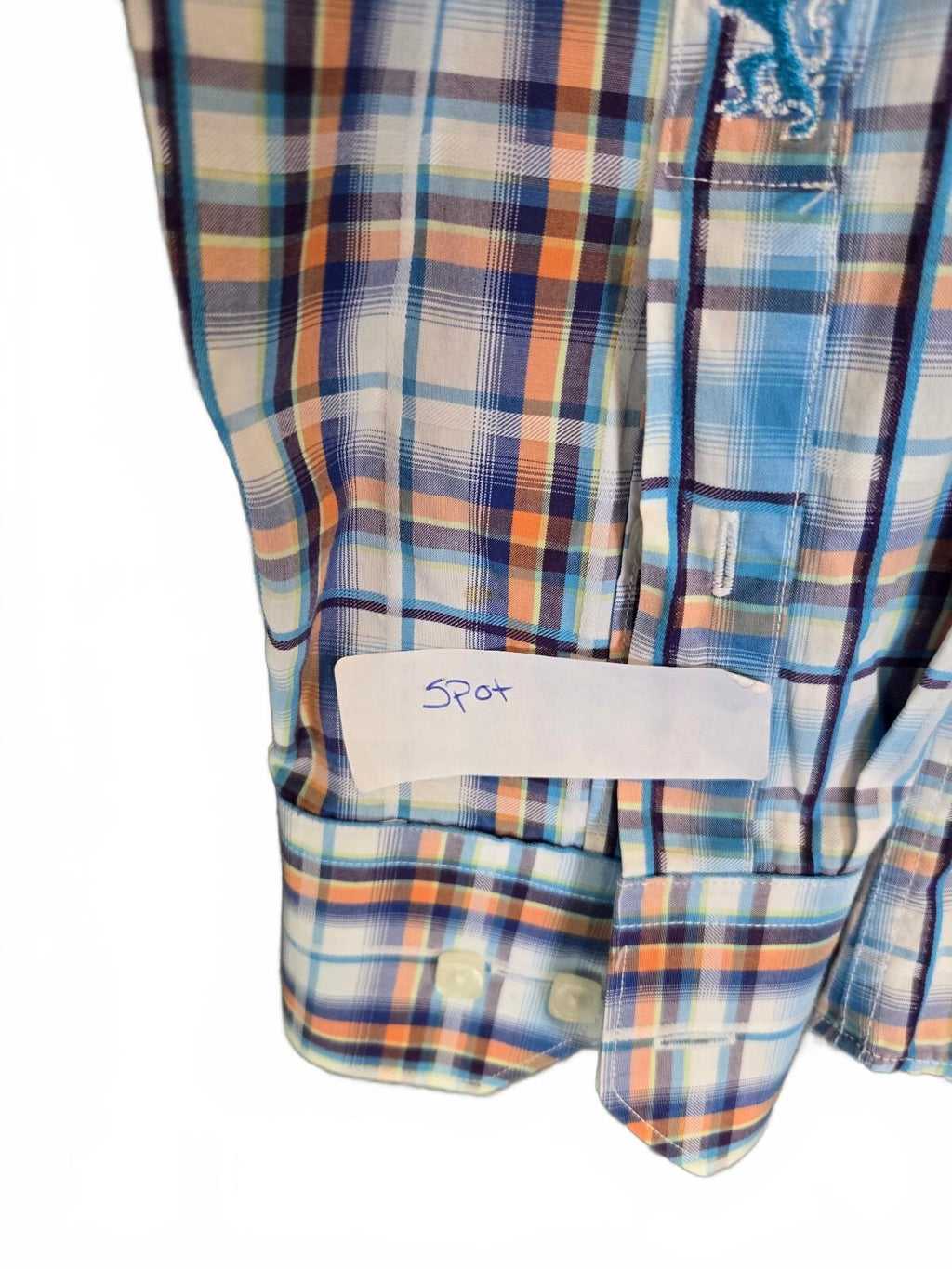 Bugatchi Uomo Mens Long Sleeve Plaid Sport Shirt Blue Orange White Flip Cuff Lrg