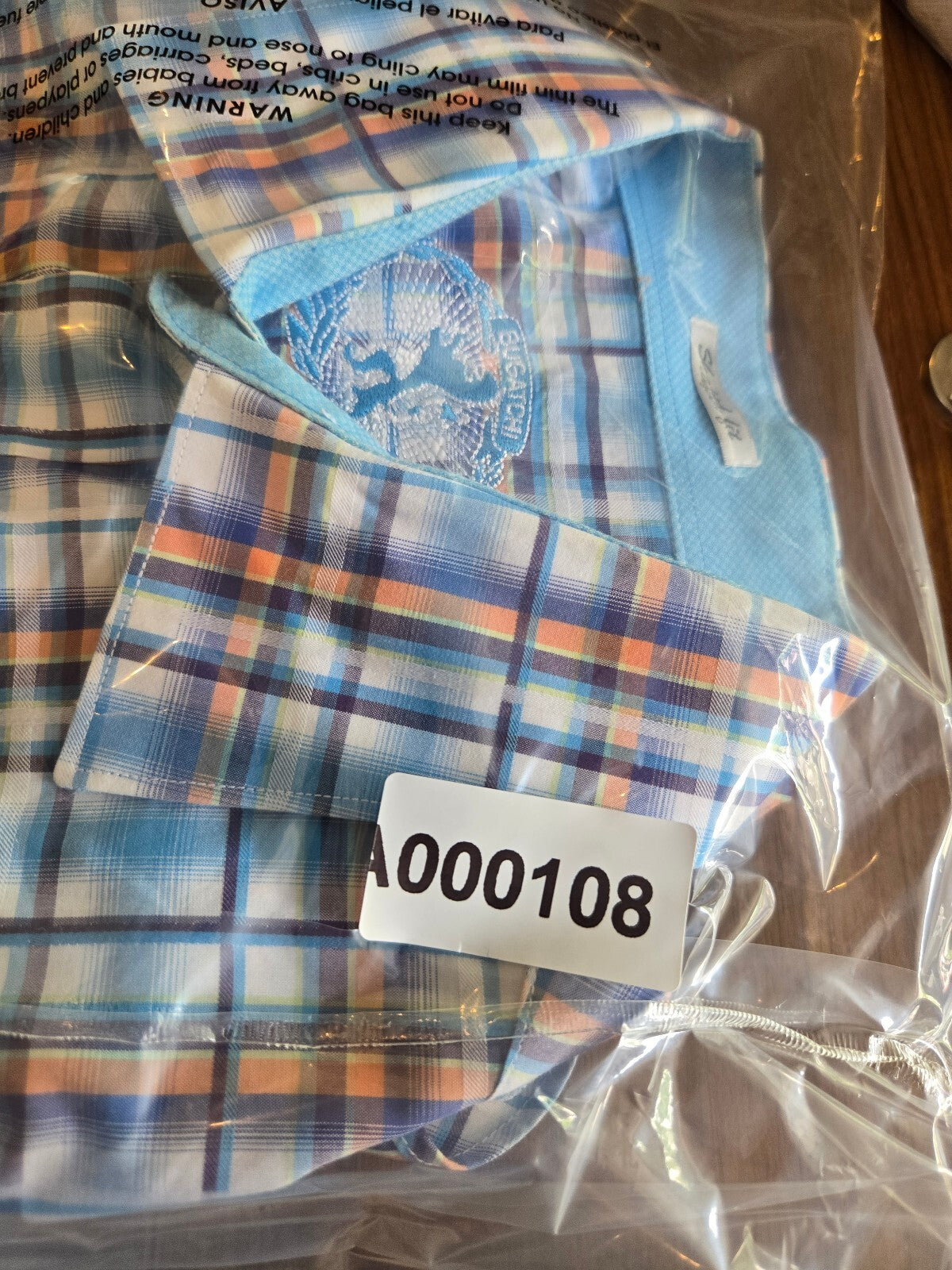 Bugatchi Uomo Mens Long Sleeve Plaid Sport Shirt Blue Orange White Flip Cuff Lrg