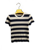 American Eagle Women's Medium Navy Blue Cream Striped Textured Knit Crewneck