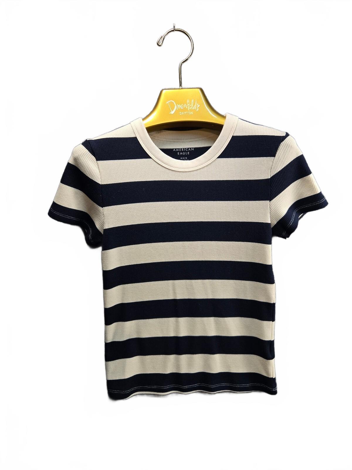American Eagle Women's Medium Navy Blue Cream Striped Textured Knit Crewneck