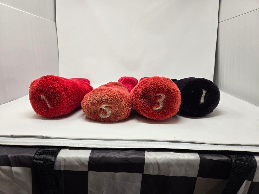 Mixed Lot of 4 Golf Club Headcovers - 3 Vintage Red Fuzzy Pom-Pom Socks & 1 Adam