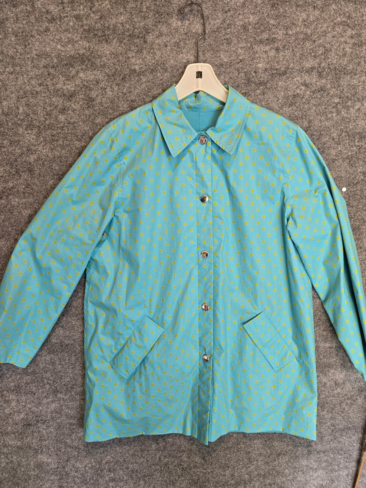 Jones New York Signature Polka Dot Raincoat Aqua Blue Yellow Snap Front Jacket L