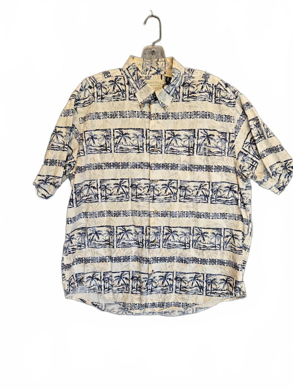 Crossings Men's Hawaiian Shirt Short Sleeve Palm Tree Block Print Blue Beige Lrg