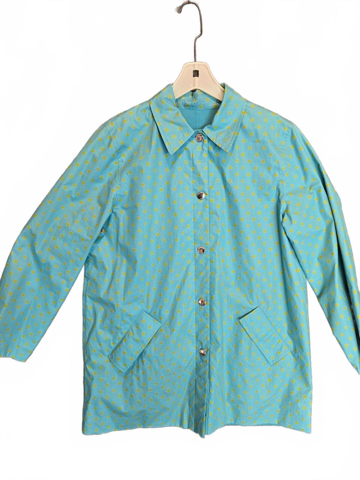 Jones New York Signature Polka Dot Raincoat Aqua Blue Yellow Snap Front Jacket L