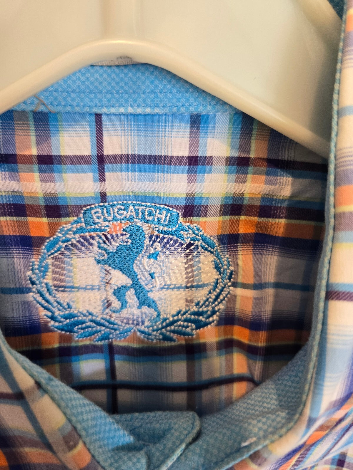 Bugatchi Uomo Mens Long Sleeve Plaid Sport Shirt Blue Orange White Flip Cuff Lrg