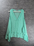Lightweight Sheer Mint Green Sleeveless Blouse with V-Neck and Pleated Detail