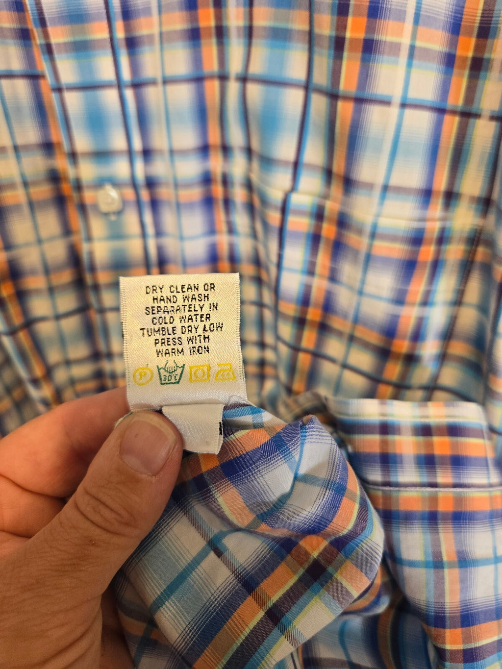 Bugatchi Uomo Mens Long Sleeve Plaid Sport Shirt Blue Orange White Flip Cuff Lrg