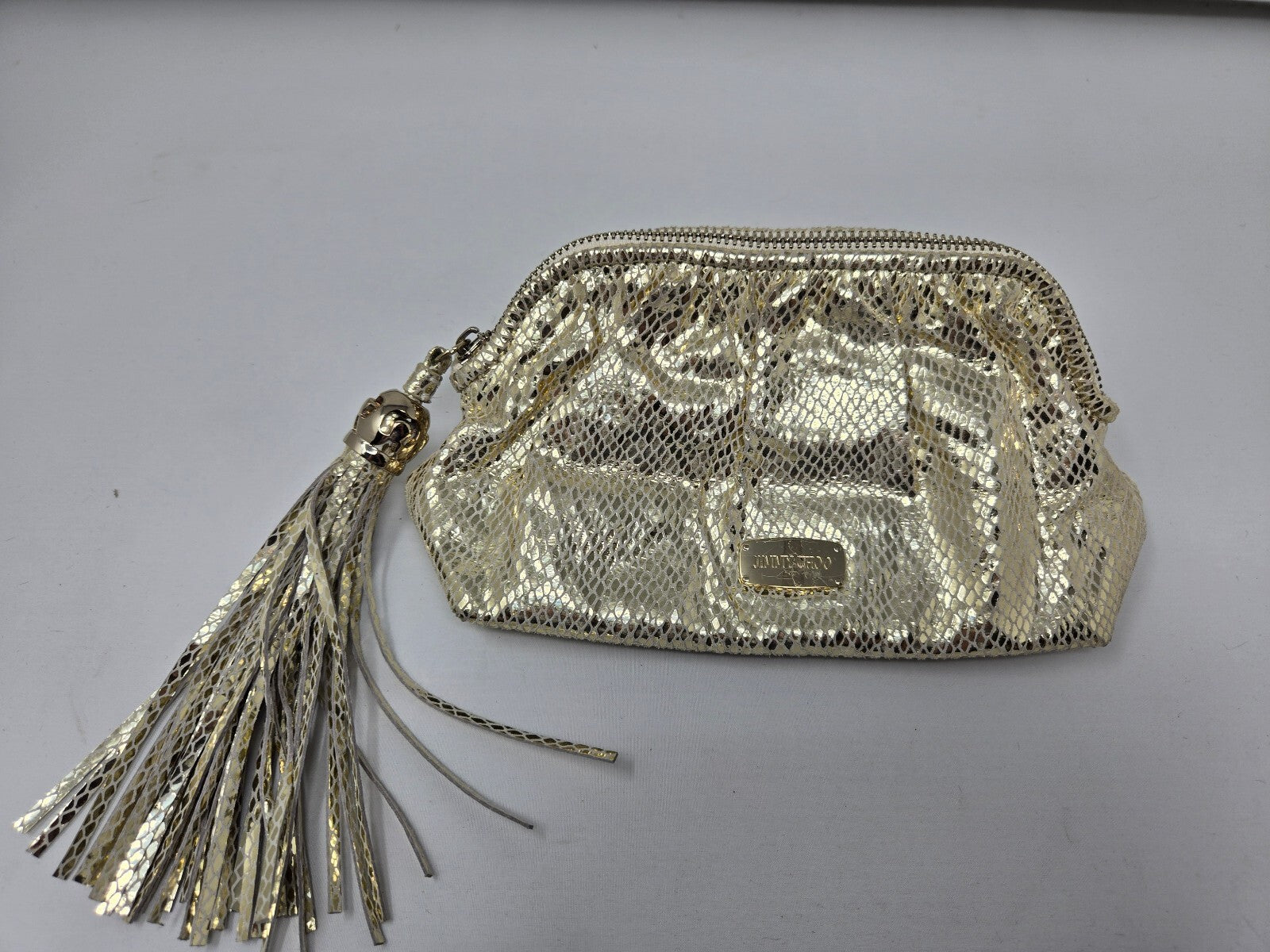Jimmy Choo Gold Metallic Snake-Embossed Leather Zippered Clutch Pouch with Large