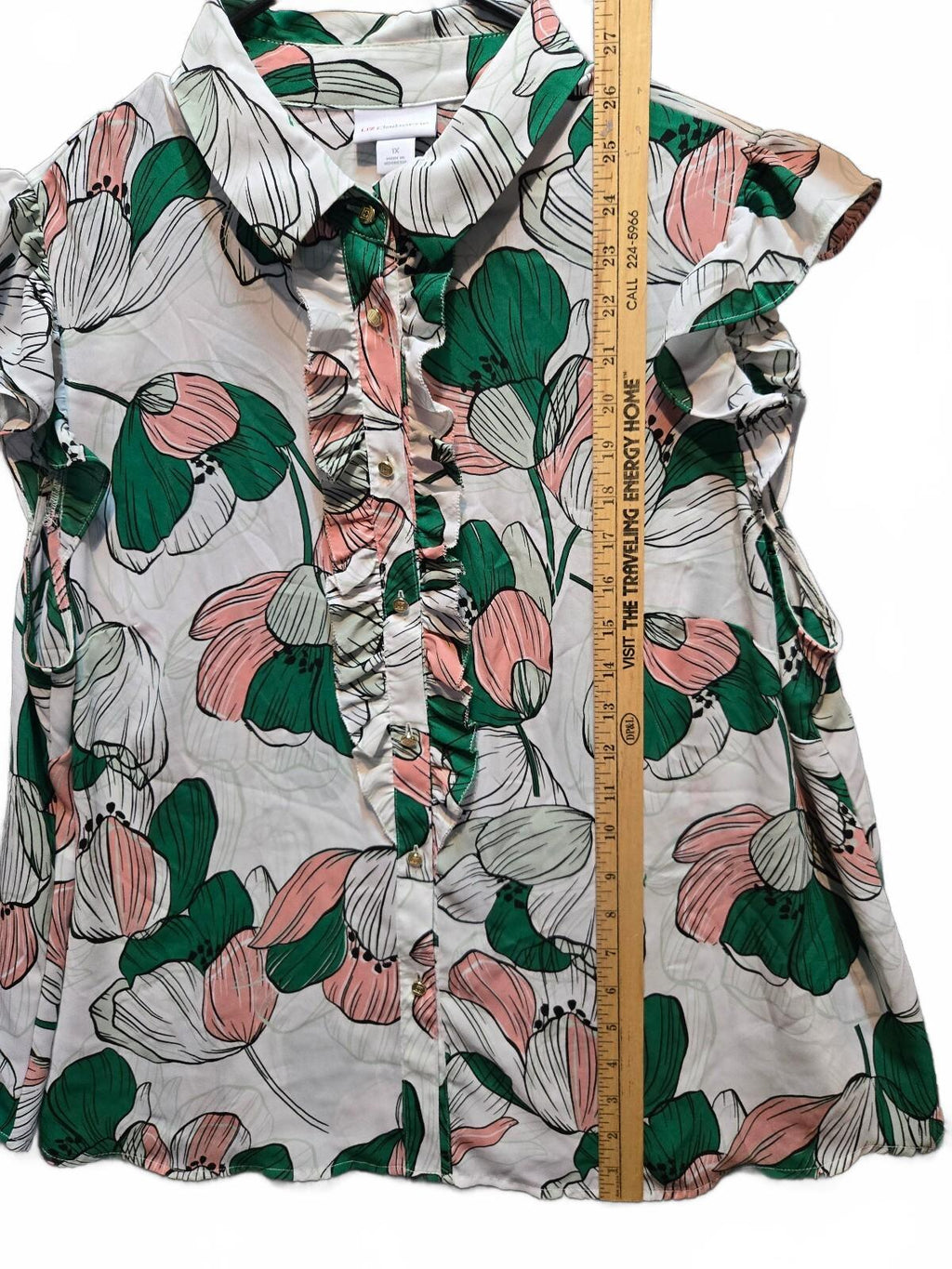 Liz Claiborne Floral Ruffle Button Down Blouse Top Pink Green Plus Size 1X