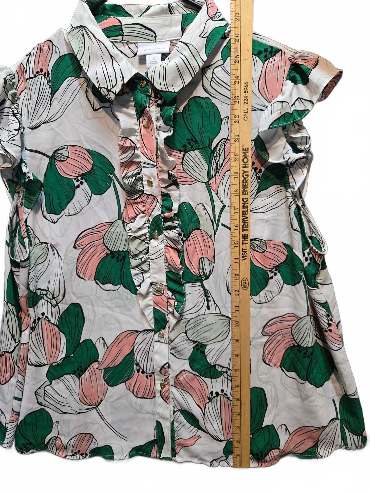 Liz Claiborne Floral Ruffle Button Down Blouse Top Pink Green Plus Size 1X