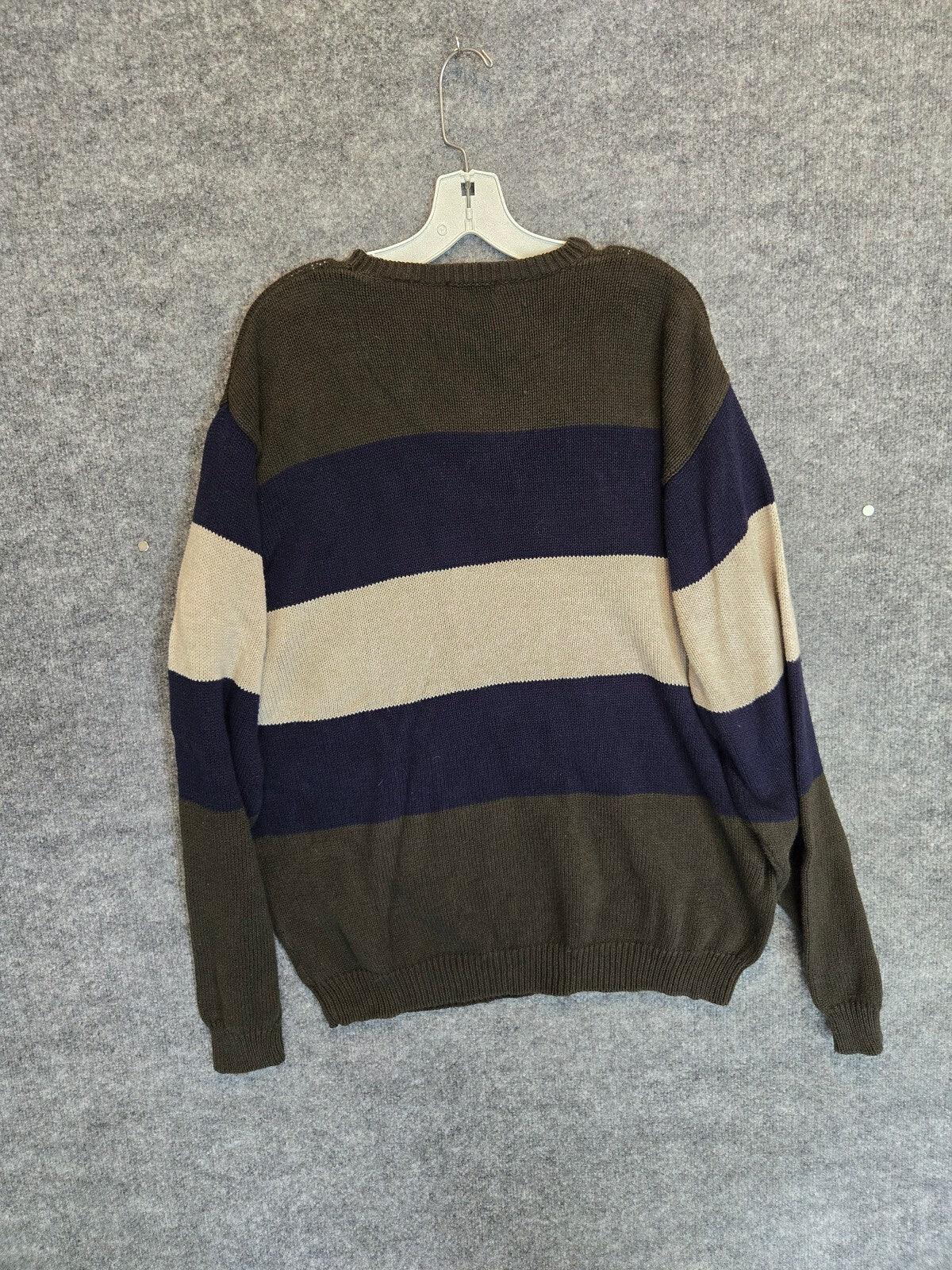 Vintage Izod Crest Logo Sweater Olive Green Navy Tan Block Stripe Grandpa 1990s