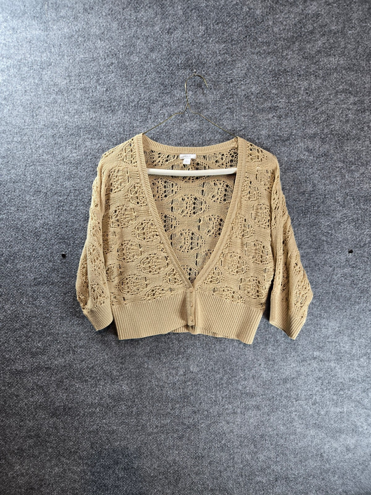 Apt. 9 Gold Metallic Shimmer Crochet Open Knit Cropped Cardigan Sweater Large