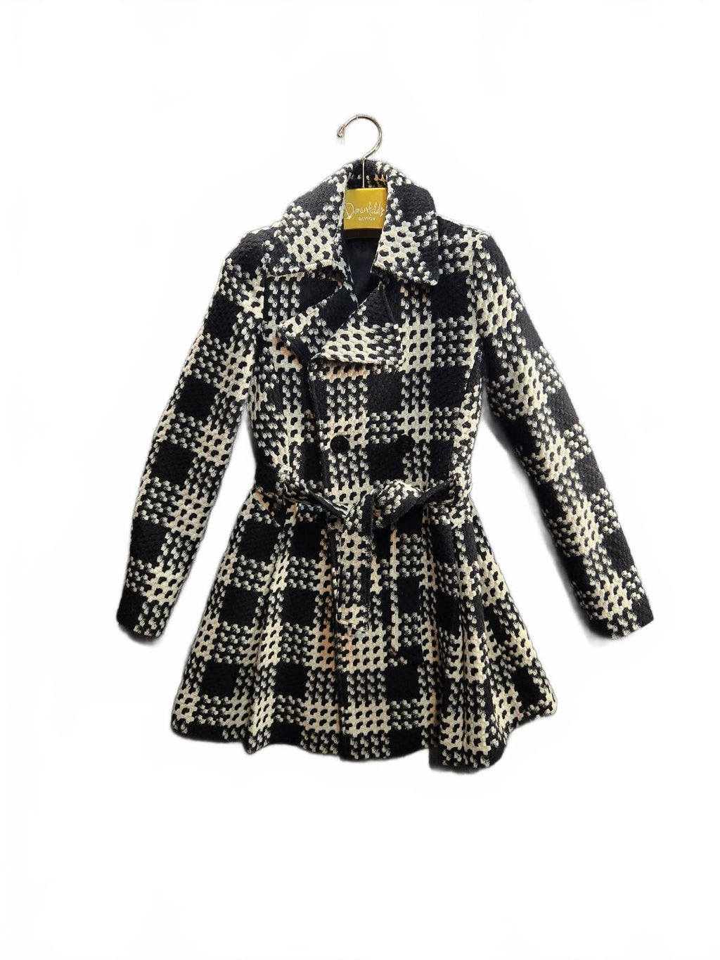 Via Spiga Women's Black and White Plaid Wool Blend Belted Trench Coat Size 4