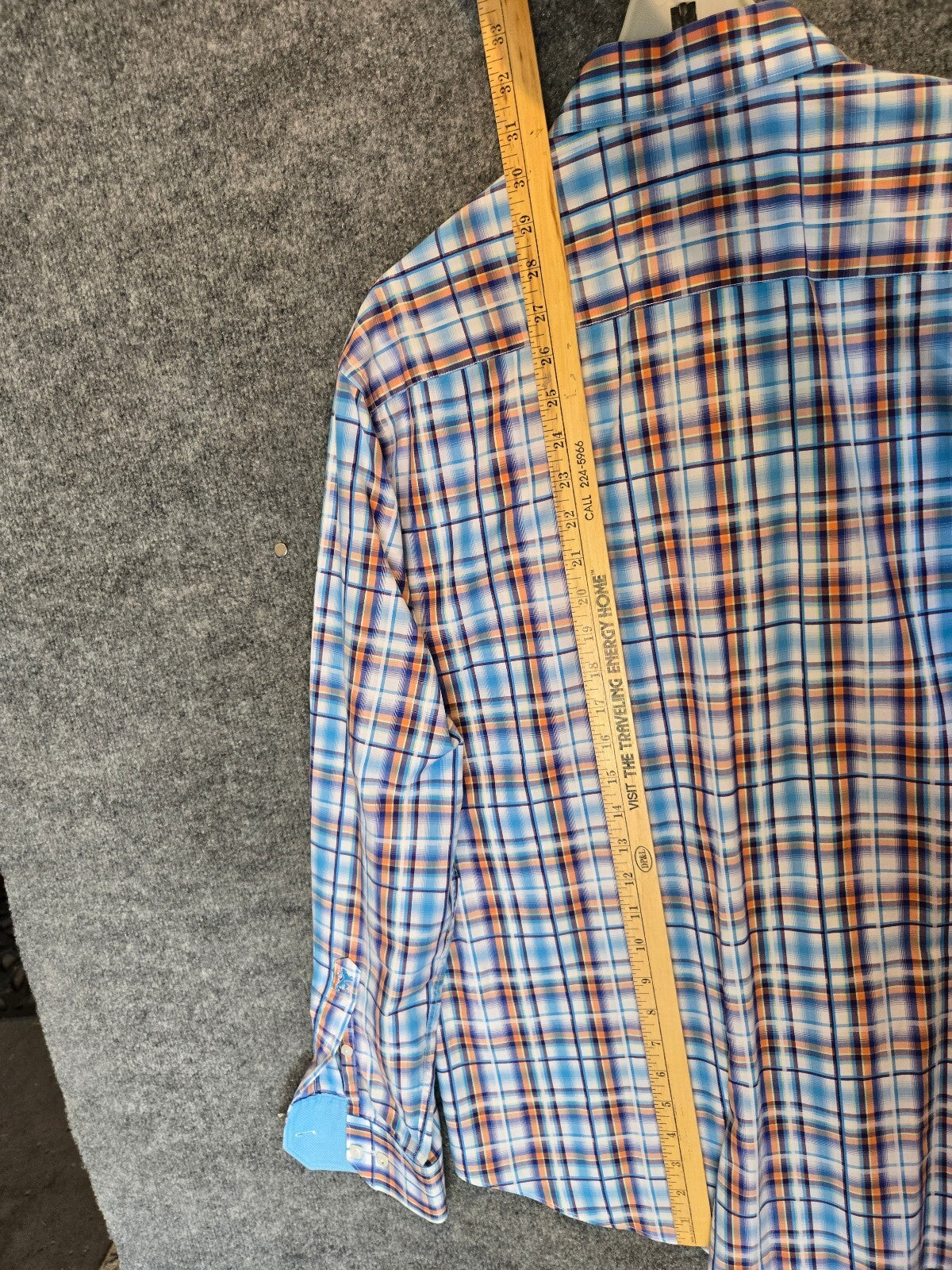 Bugatchi Uomo Mens Long Sleeve Plaid Sport Shirt Blue Orange White Flip Cuff Lrg