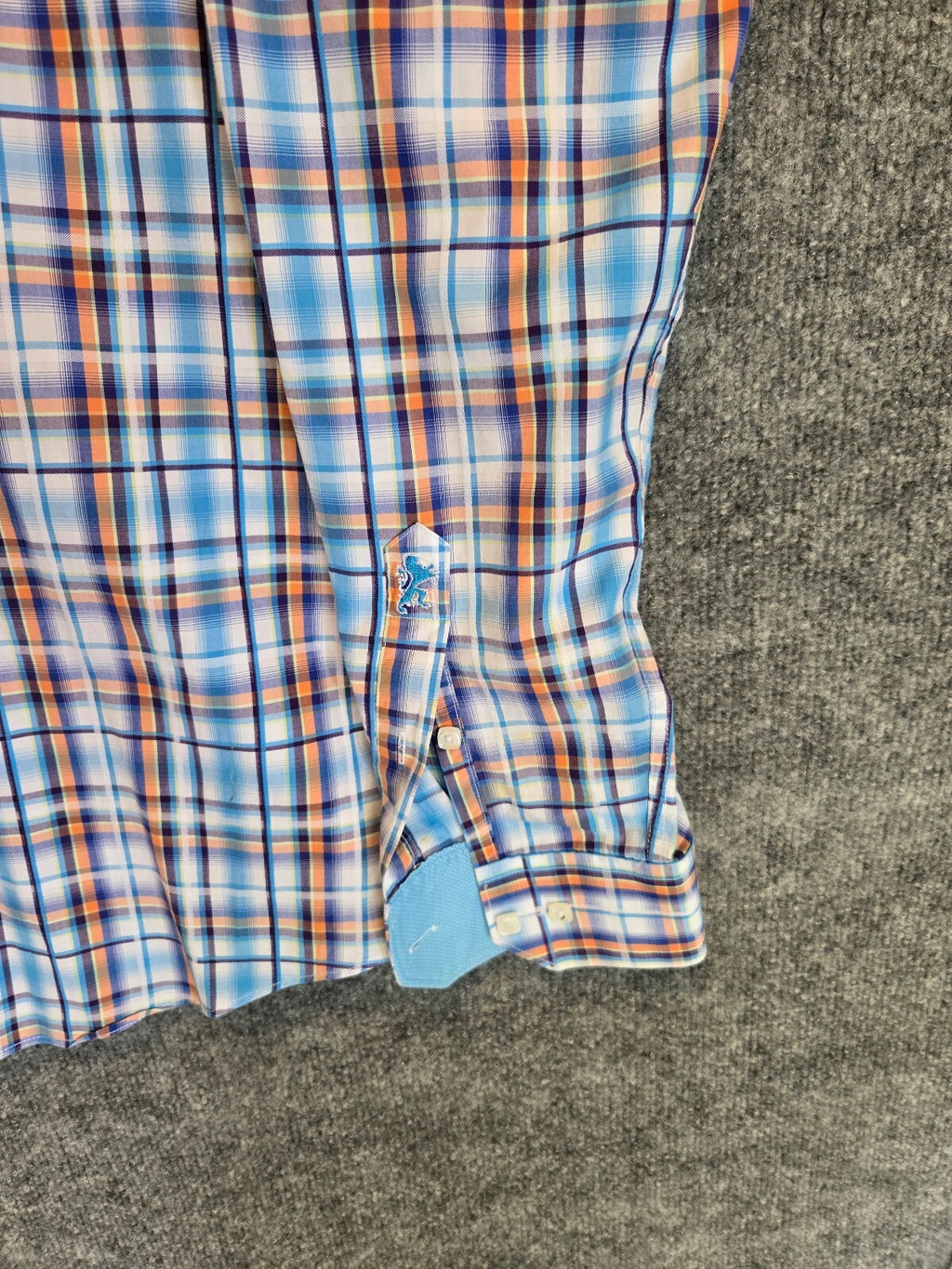 Bugatchi Uomo Mens Long Sleeve Plaid Sport Shirt Blue Orange White Flip Cuff Lrg