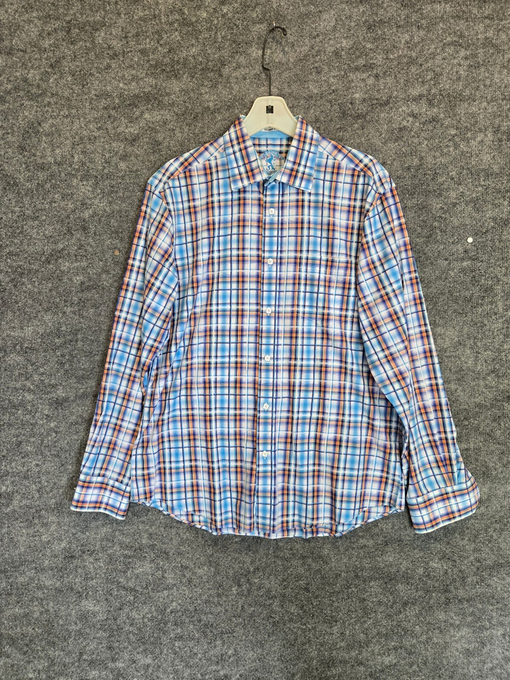 Bugatchi Uomo Mens Long Sleeve Plaid Sport Shirt Blue Orange White Flip Cuff Lrg