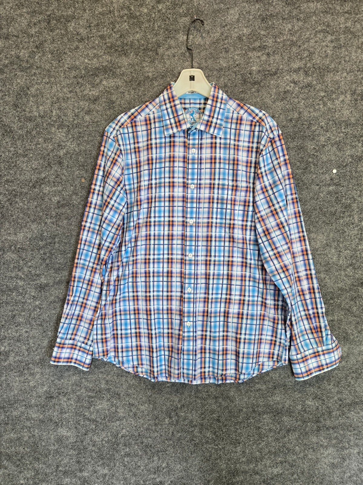 Bugatchi Uomo Mens Long Sleeve Plaid Sport Shirt Blue Orange White Flip Cuff Lrg