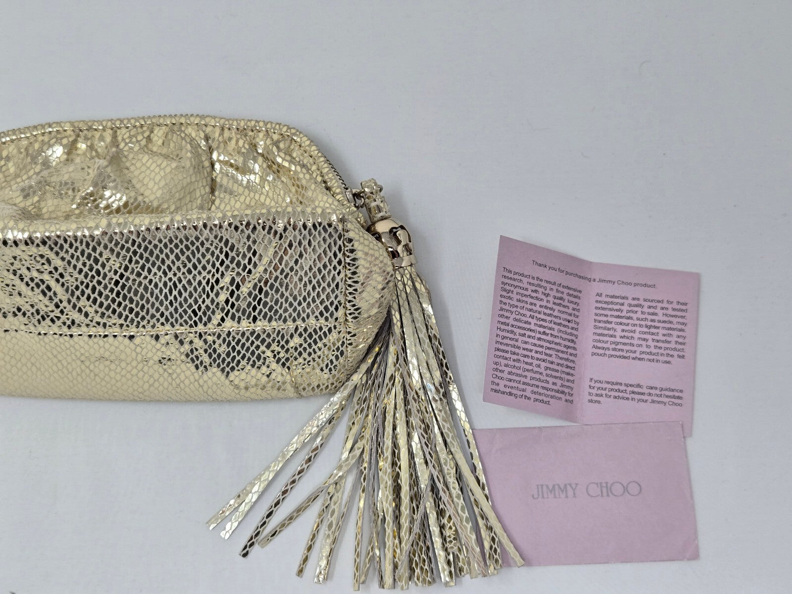 Jimmy Choo Gold Metallic Snake-Embossed Leather Zippered Clutch Pouch with Large