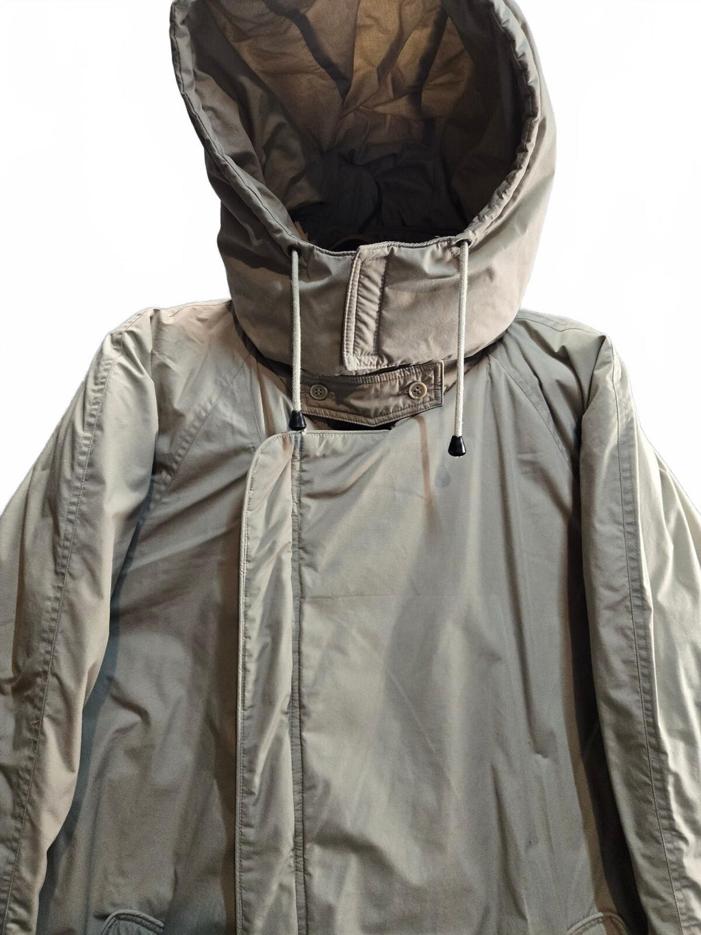 Long Beige Hooded Winter Coat with Belt Large