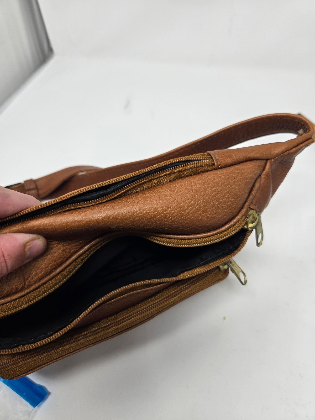 Vintage Pebbled Tan Genuine Leather Multi-Pocket Fanny Pack / Waist Bag