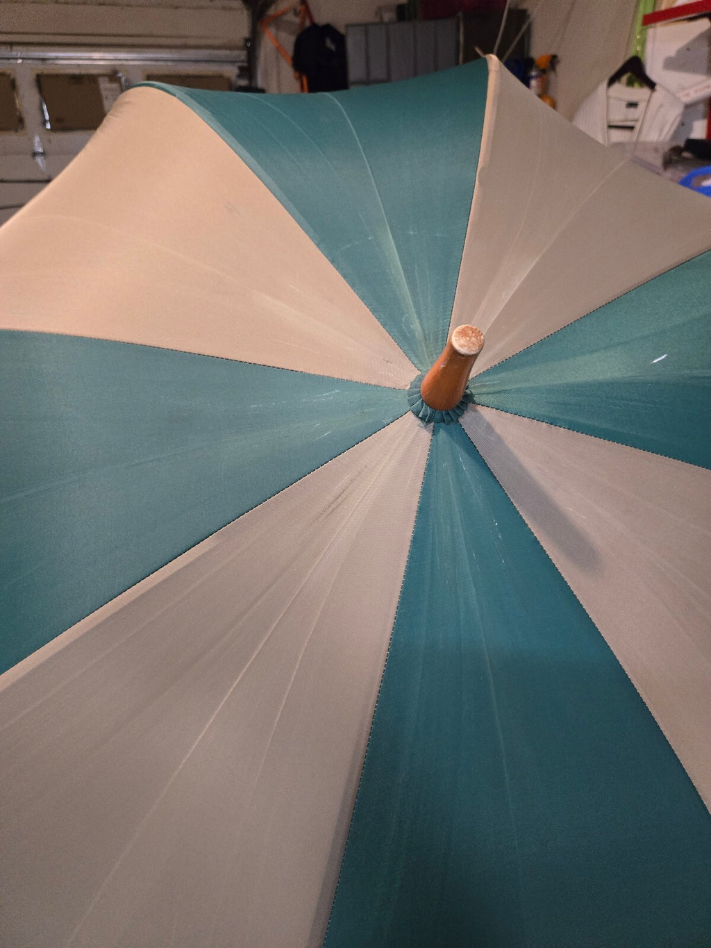 Vintage Totes Striped Green and Beige Umbrella with Wooden Handle